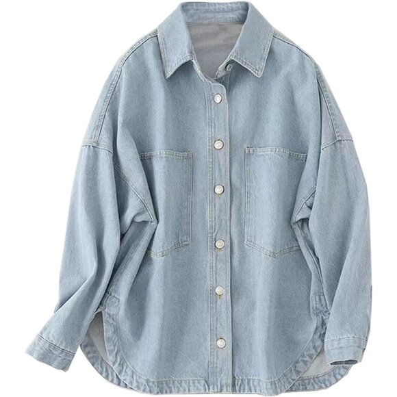Women Denim Shacket Light Blue Oversized Button Long Sleeve Casual Jacket